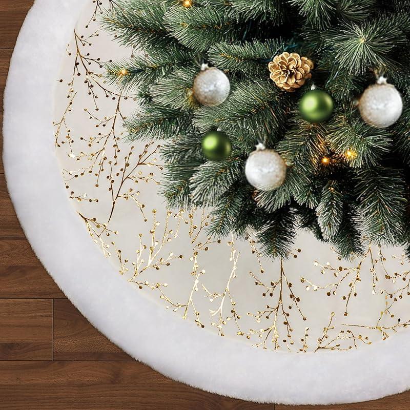 Luxurious White Gold Plush Tree Skirt Elevates Holiday Decor Effortlessly